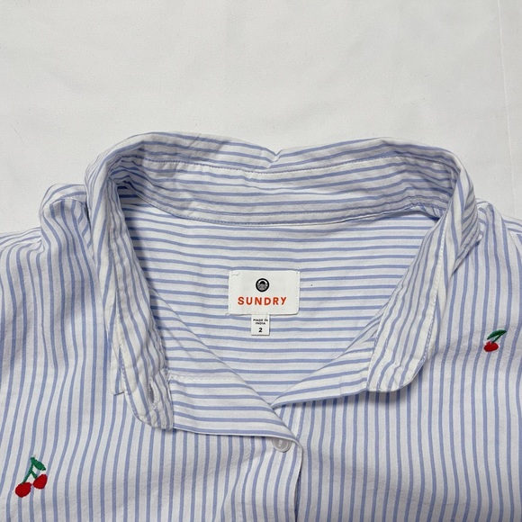 Sundry Cherry Striped Tie-Hem Shirt - Picture 4 of 11